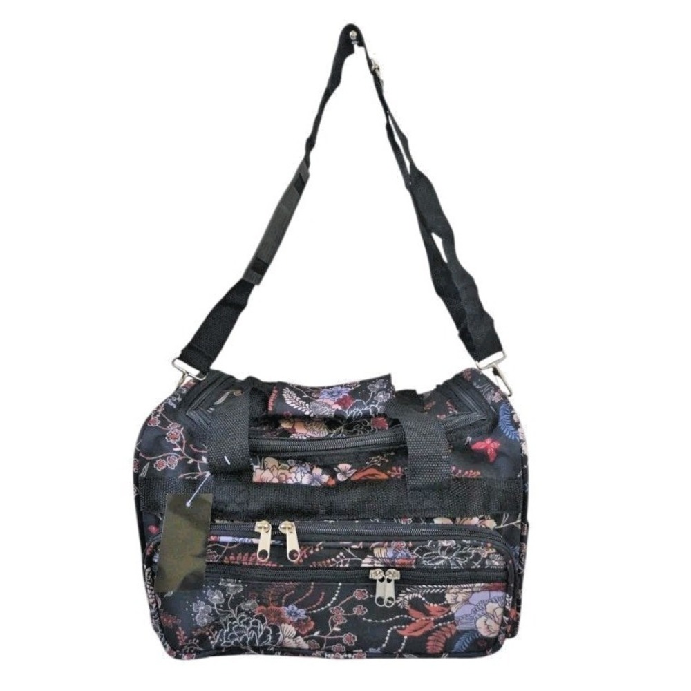 Black‎ Floral Tote Bag Carry On Weekender Pockets Adjustable Strap Travel NWT